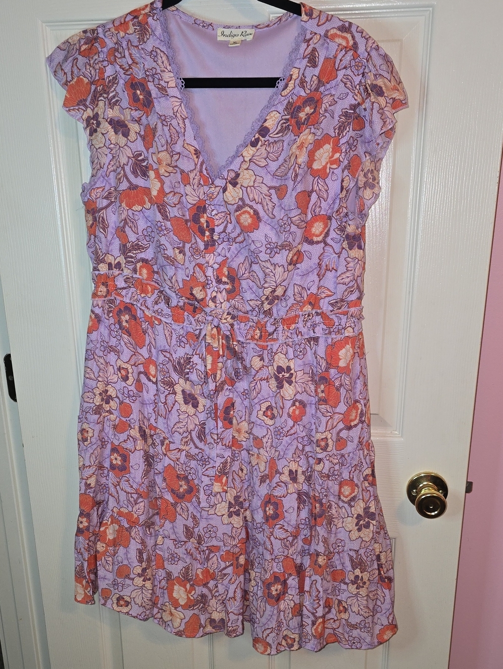 Lavender Floral Tie-Waist Mini‎ Dress